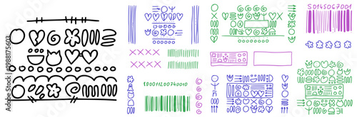 Naive scribble set with doodle quirky kid primitive annotation elements. Playful scribbles sketch in vector design for fun decor. Whimsical hearts and flowers with crowns and dividers isolated.