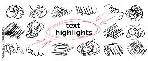Abstract pen scribbles. Hand-drawn tangled circles, scratches, squiggles and abstract doodle text highlights, naive decoration set. Vector kids irregular arrow, crosshatching, spiral elements no bg.