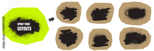 Paper cutout craft shapes with spray paint and rebel punk texture. Urban graffiti paper stickers for journaling diary and zine. Modern vector cutout frames with scrapbook collage splash set.