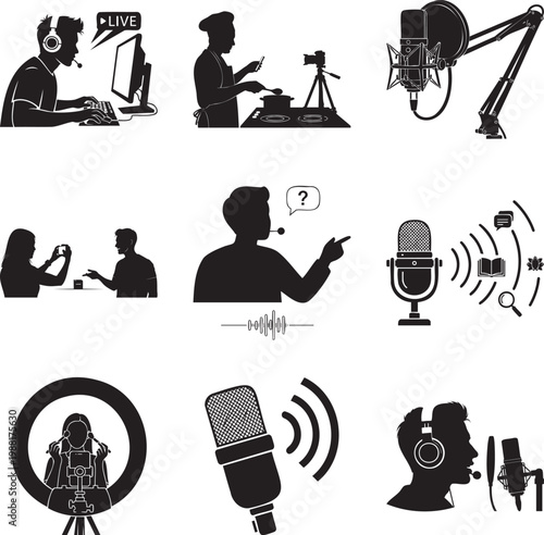 Black silhouette of creators, streamers, and podcasters msea set streaming