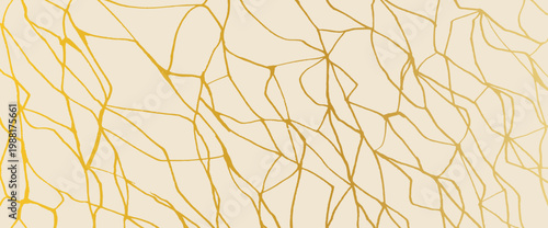 Elegant kintsugi art with golden cracks on beige white marble texture. Luxury broken pattern with gold foil lines creates abstract ceramic design perfect for modern background. Vector repaired bg.