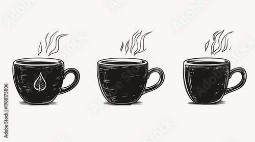 Monochrome illustration of three steaming mugs, stylized with varying details against a neutral background