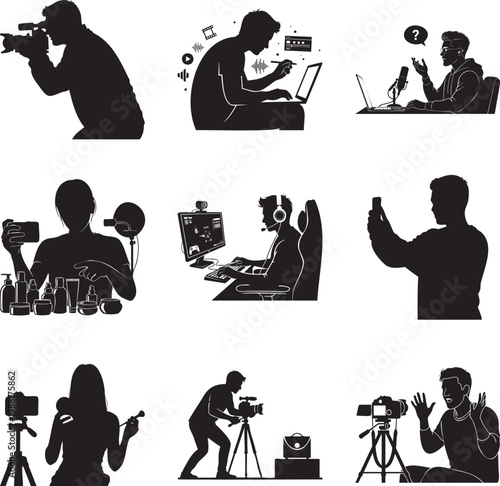 Black silhouette of creators, vloggers, and digital media msea set