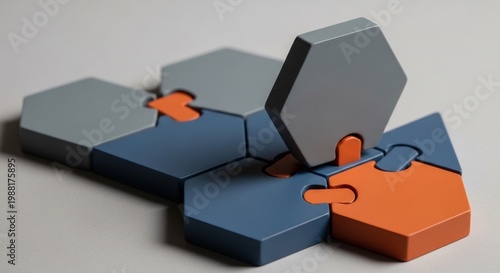 Abstract Geometric Puzzle with Interlocking Hexagon, Square and Triangle Shapes in Grey, Blue and Orange