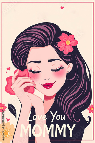 Beautiful illustration of a serene woman with dark hair and a pink flower, featuring 