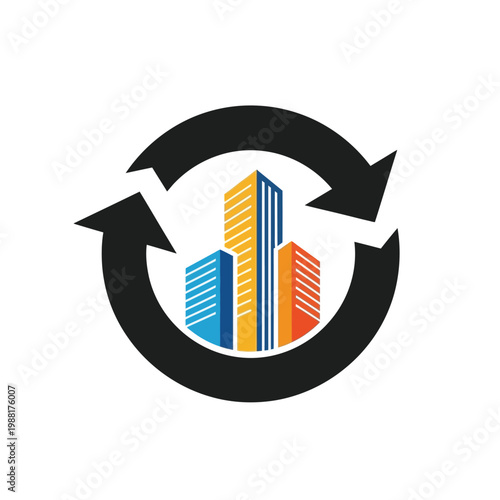 Colorful city buildings in a circular arrow graphic