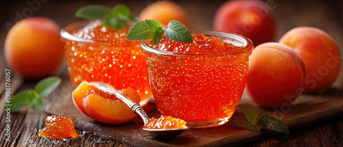 Homemade apricot jam in clear glass jars with fresh apricots and mint leaves on a rustic wooden table, vibrant and inviting composition.