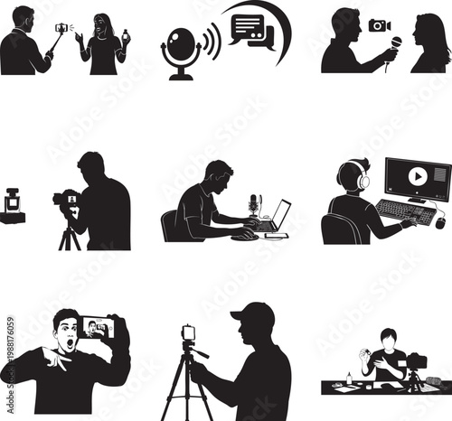 Black silhouette of creators, vloggers, and media production msea set