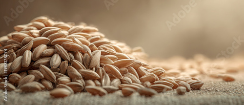 Close-up of uncooked rice grains piled on burlap with soft focus background. Neutral tones, perfect for food, agriculture, and organic product themes.