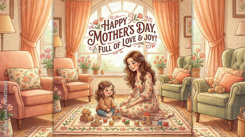 A heartwarming watercolor illustration for Mother's Day featuring a mother and daughter playing with blocks in a cozy, sunlit living room. 