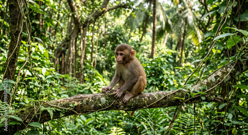 A baby monkey sits on a tree branch in a lush forest