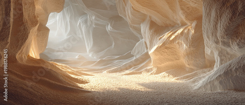 Warm sunlight illuminates textured sandstone walls inside a serene cave, showcasing soft golden tones and inviting natural beauty, ideal for adventure or nature themes.