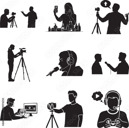 Black silhouette of creators, vloggers, and media workers msea set