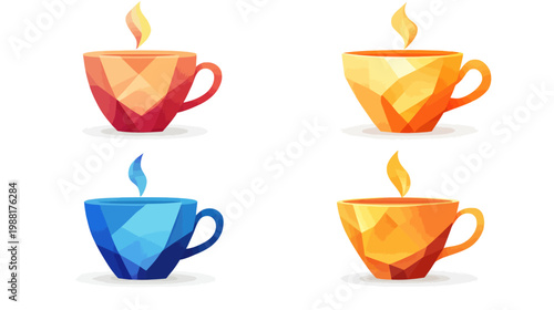 Four colorful, geometric teacups with rising steam, on white. Each cup features unique color blends