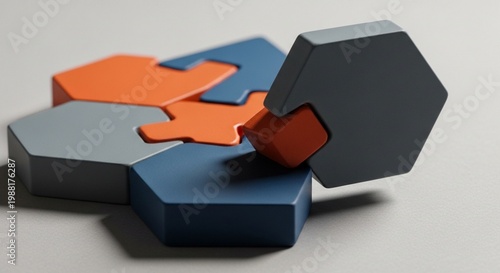 Abstract Geometric Puzzle with Interlocking Hexagon, Square and Triangle Shapes in Grey, Blue and Orange