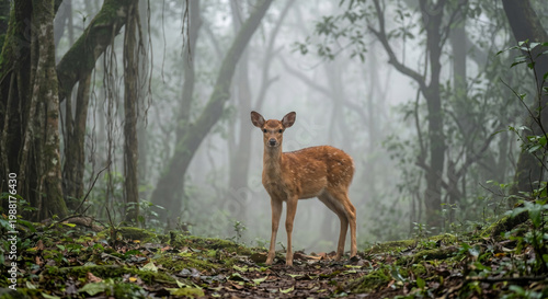 A young deer stands alert in a misty forest with mossy trees