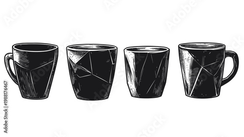 Monochrome illustration of four distinct coffee mugs with varying shapes, featuring textured surfaces