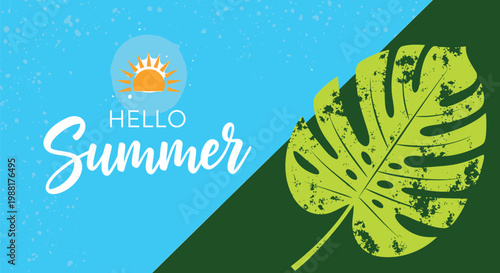 Summer, hello summer, tropical leaf, green, illustration, seasonal greeting