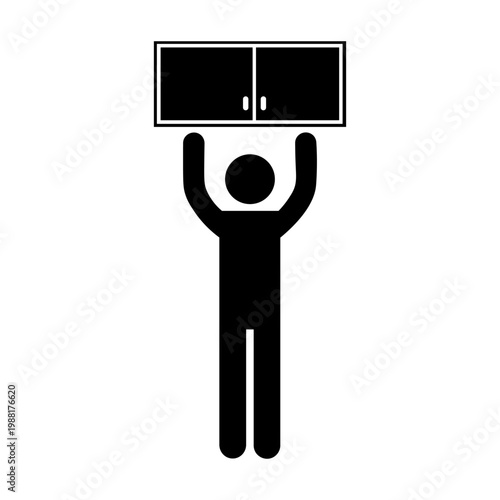Stickman Reaching for Object on Upper Cabinet – Home Activity Vector Icon.