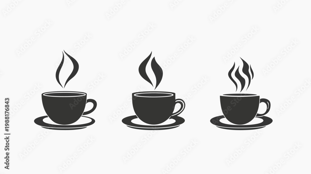 Obraz premium A white backdrop with three stylized, dark gray coffee cups emitting steam, side by side