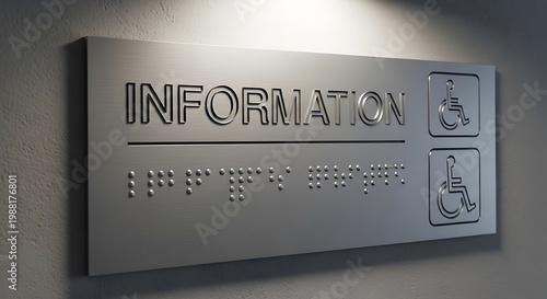 Modern metal information sign with braille and wheelchair accessibility symbols on a textured wall