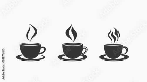 A white backdrop with three stylized, dark gray coffee cups emitting steam, side by side