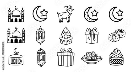 Eid Mubarak festive icons and symbols.
