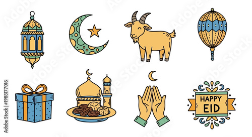 Eid Mubarak festive icons and symbols.