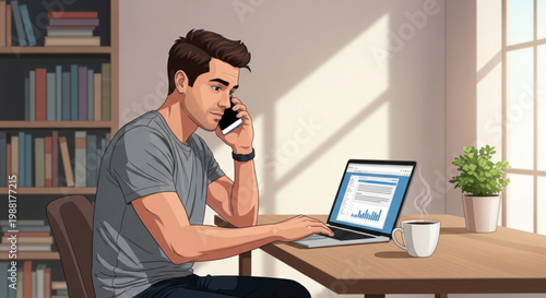Man working on laptop and talking on phone at desk remote work concept home office with natural light