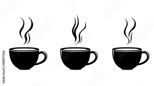 Three minimalist black coffee cups with steam rising, on white background, simple design