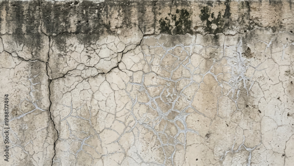 Fototapeta premium Cracked and weathered concrete wall with aged discoloration patterns