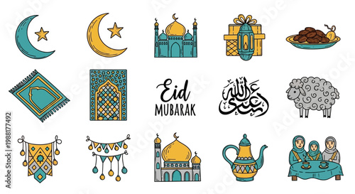 Eid Mubarak Islamic Festival Icons Set.