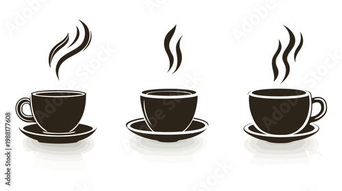 Three coffee cups with steam in a row, featuring cup and saucer with subtle shadows