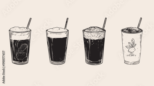 Monochrome illustration of four iced beverages in glasses, with foam and straws, on a tan background