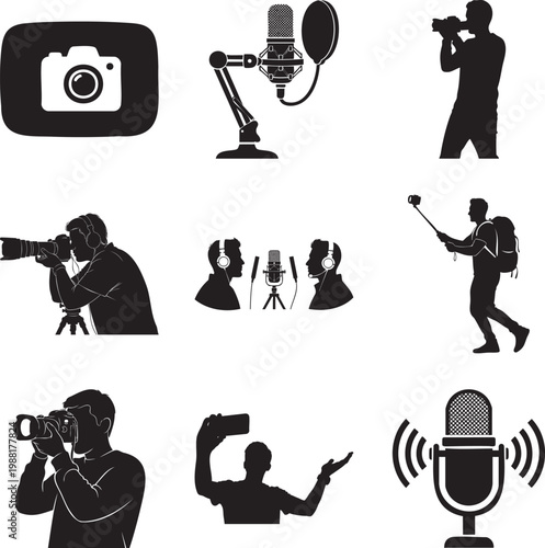 Set of black silhouettes featuring creators, cameras, and mics msea set
