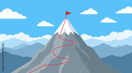 A winding red path leads to a flag atop a gray mountain.