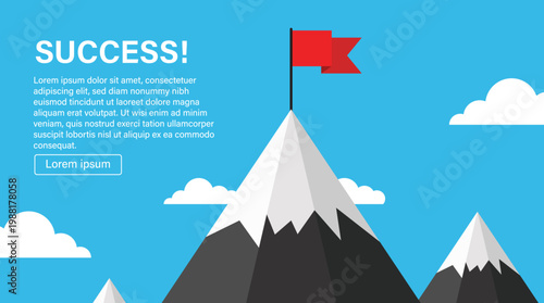 A victorious scene: a red flag waves atop a mountain peak.