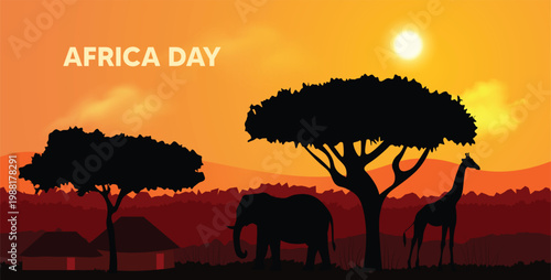 Africa day 25 May Africa wild life sunset nature celebration banner with acacia trees vector poster