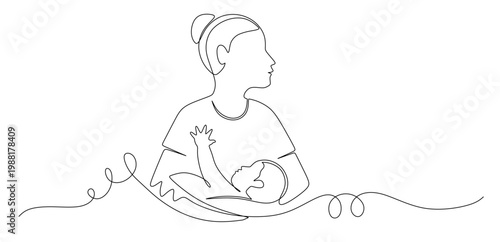 continuous line drawing of a mother holding and breastfeeding her baby. vector image of one black line on a white background, symbol of affection