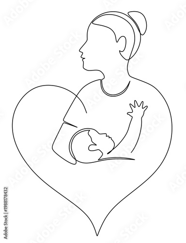 continuous line drawing of a mother holding and breastfeeding her baby. vector image of one black line on a white background, symbol of affection