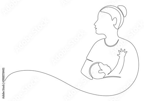 continuous line drawing of a mother holding and breastfeeding her baby. vector image of one black line on a white background, symbol of affection