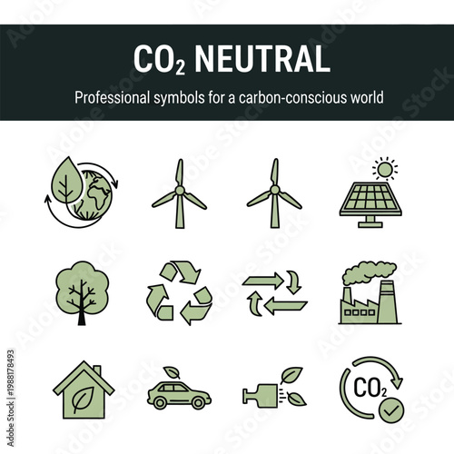 Collection of green eco friendly symbols for carbon neutral and sustainable living concepts