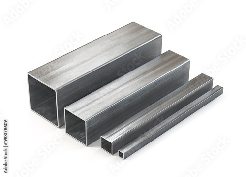 3D Render of Rectangular Steel Tubes Set Isolated on White Background
