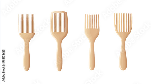 A collection of four wooden hair picks in various designs, all on a white background
