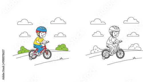 Happy cartoon boy riding a bicycle with training wheels in a park. Color and black-and-white outline versions for coloring book page illustration.