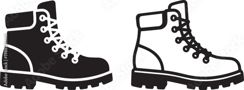 hiking boot icon set silhouette and outline outdoor footwear vector illustration