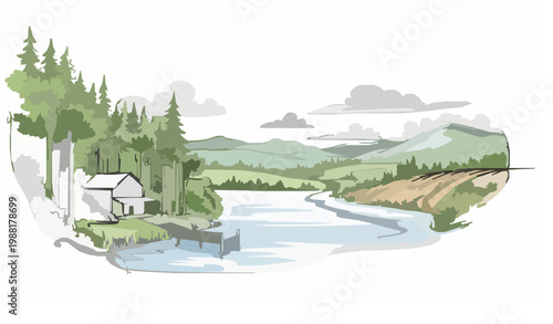Continuous one line rural landscape with lake house and forest panoramic self drawing animation style vector