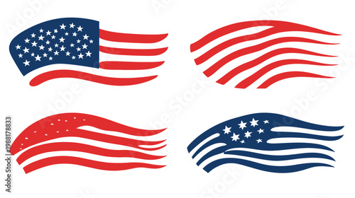 Four stylized abstract depictions of a patriotic flag. Two completed versions & parts