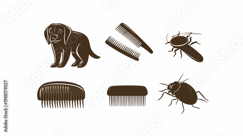 Brown vector graphics, including a dog, combs, and insects, arranged on a white background