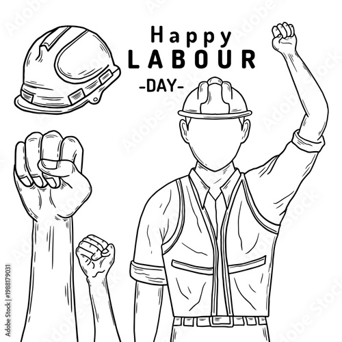 Happy Labour Day illustration with construction worker and raised fists. Hand drawn sketch Labour day sketch outline featuring industrial worker and solidarity symbol